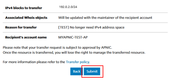 Submit and Accept an IPv4 and/or AS Number transfer